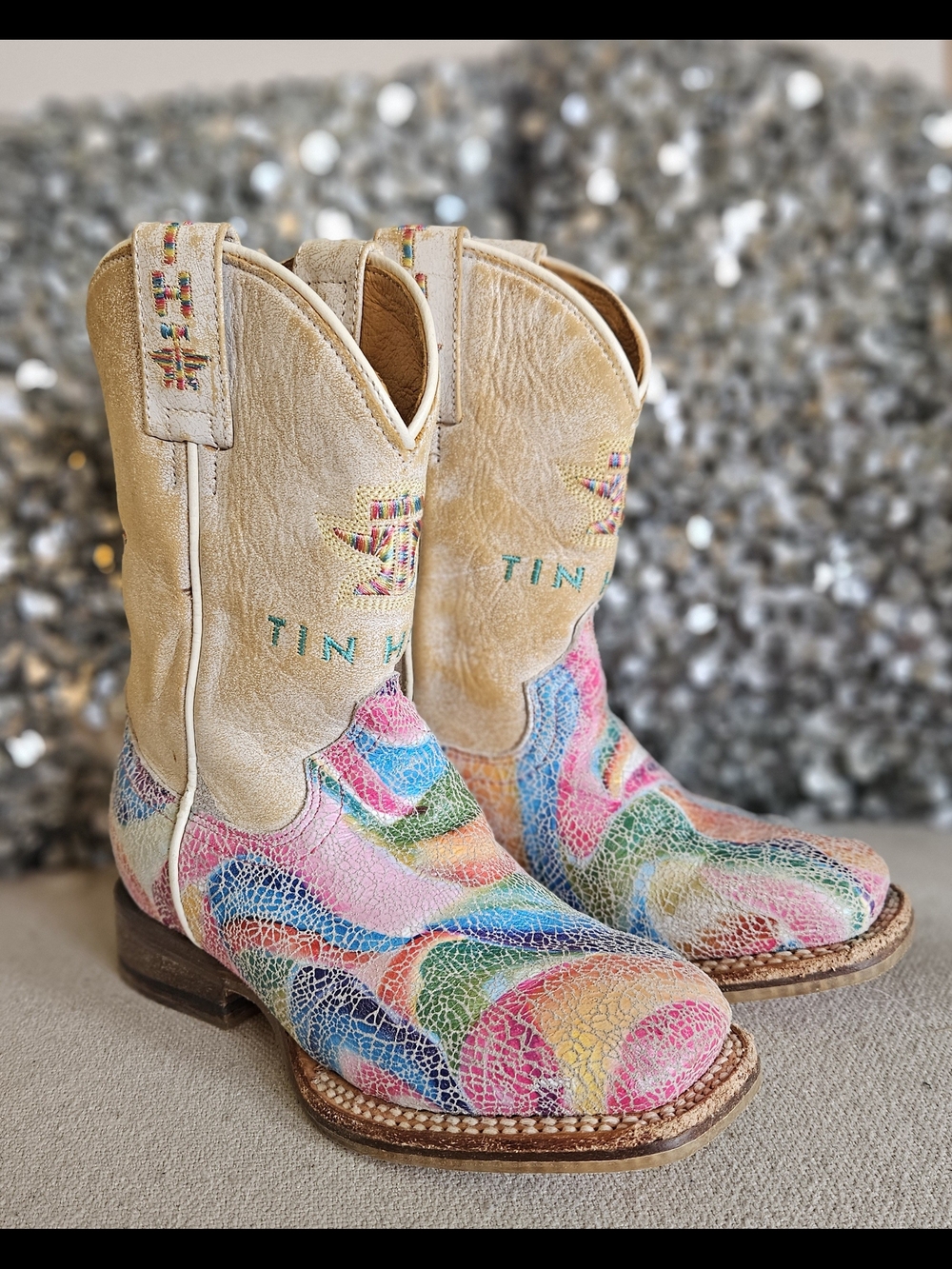 Tin Haul Handmade Leather Kids Color Burst Square Toe Boots. Size Toddler 11